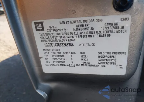 2003 Chevrolet Silverado 1500 Ls z USA, uszkodzony, nr VIN 1GCEC14T63Z286783